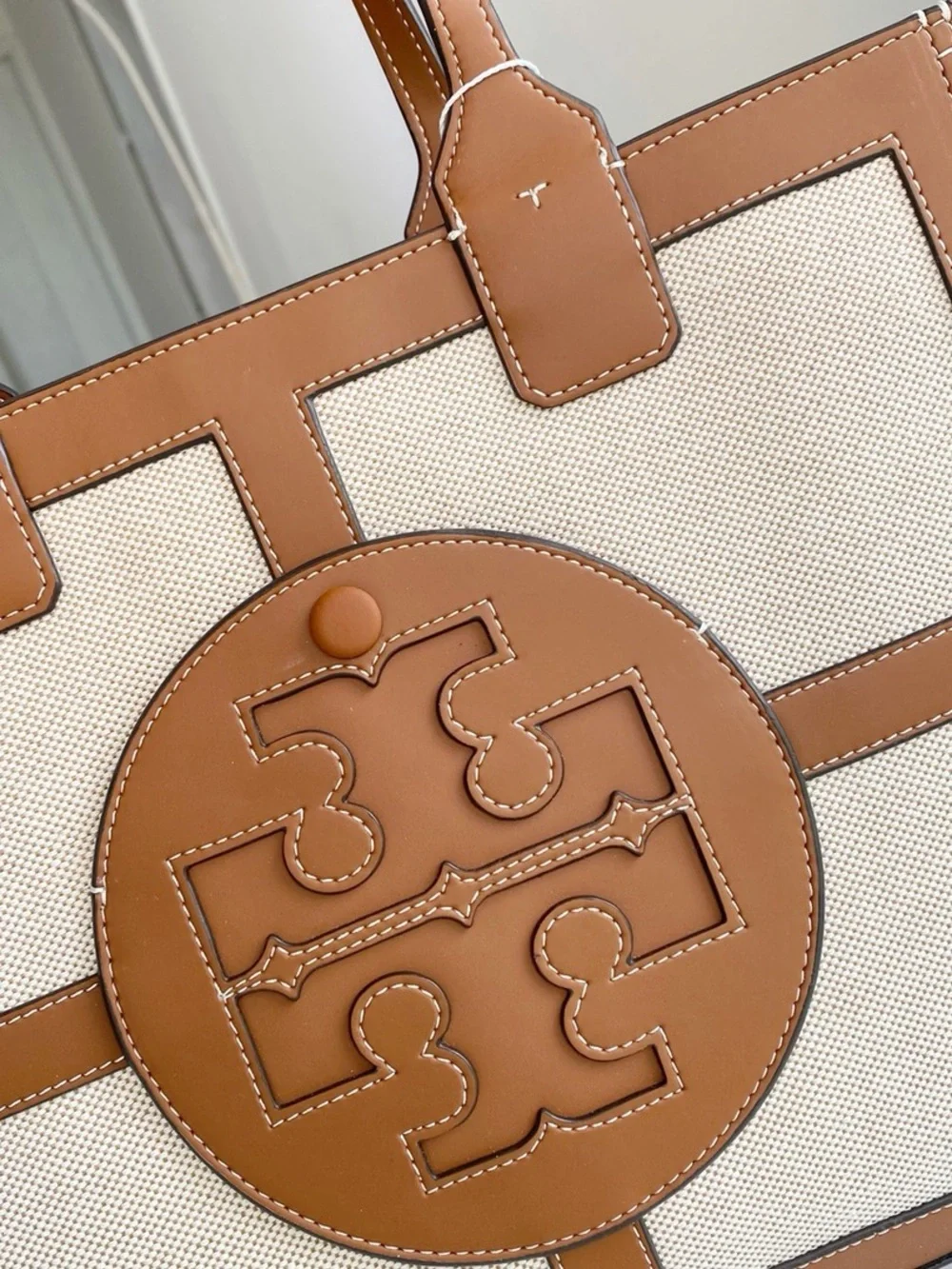 Tory Burch Tan and Cream Ella Canvas Leather Tote